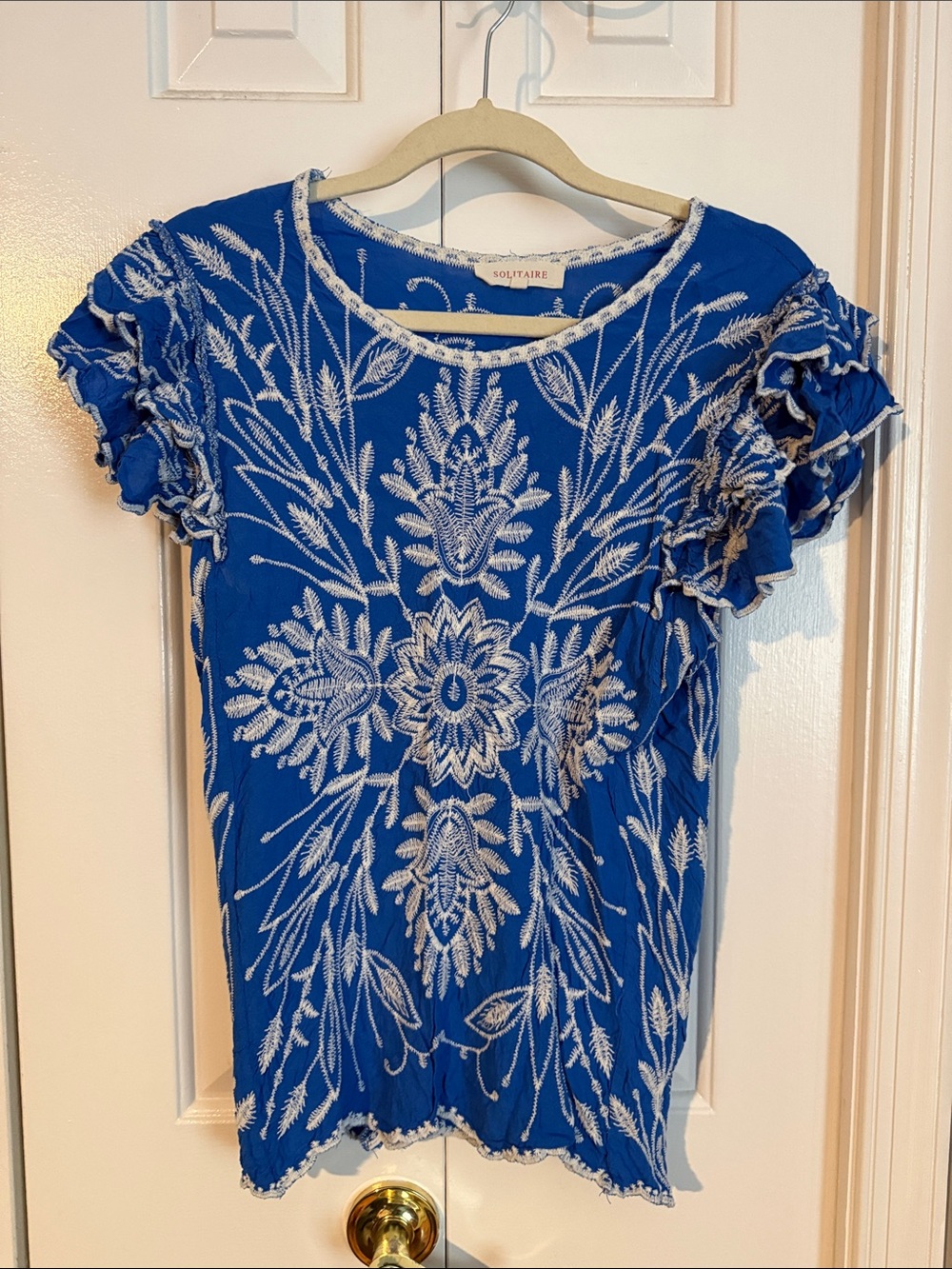 Solitaire Royal Blue Embroidered Ruffle Sleeve Top